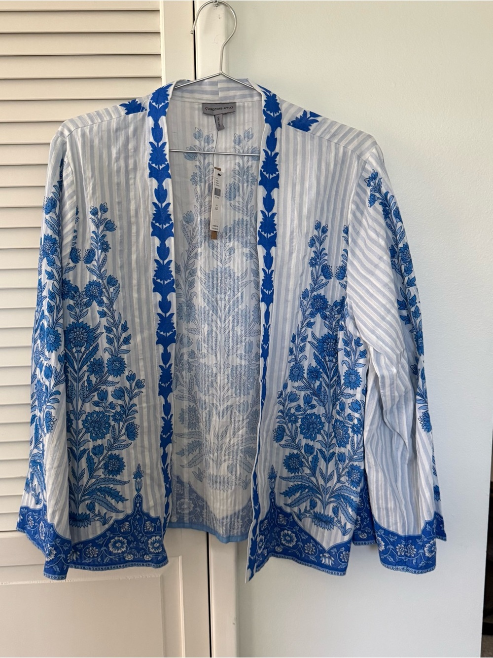 NWT Conditions Apply White and Blue Floral Embroidered Open Cardigan